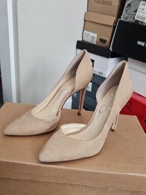 Suede Pointed Toe High Heel Pumps in Beige